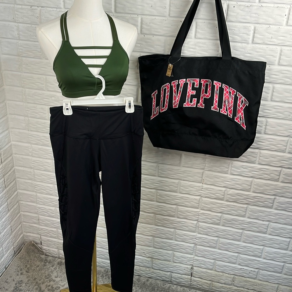 PINK VICTORIA’S SECRET SPORT BUNDLE TOTE LEGGINGS AND SPORTS BRA SZ SMALL